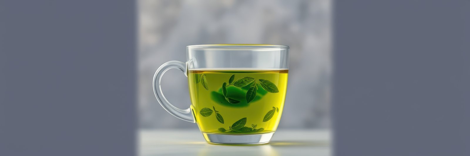 Fresh mint herbal tea served in a transparent glass cup, showcasing vibrant green colors and natural leaf accents